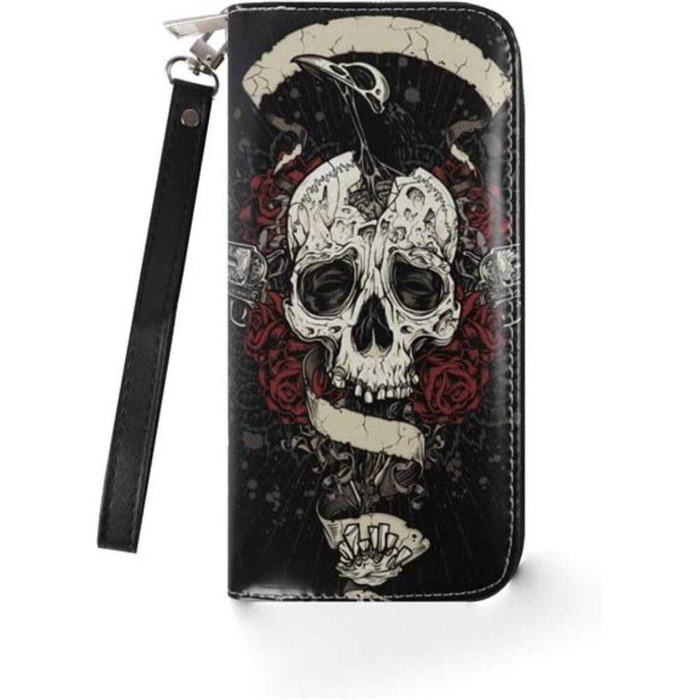 Skull Wallet Long Wallet Halloween Wallet, Black Wallet Zip Around
